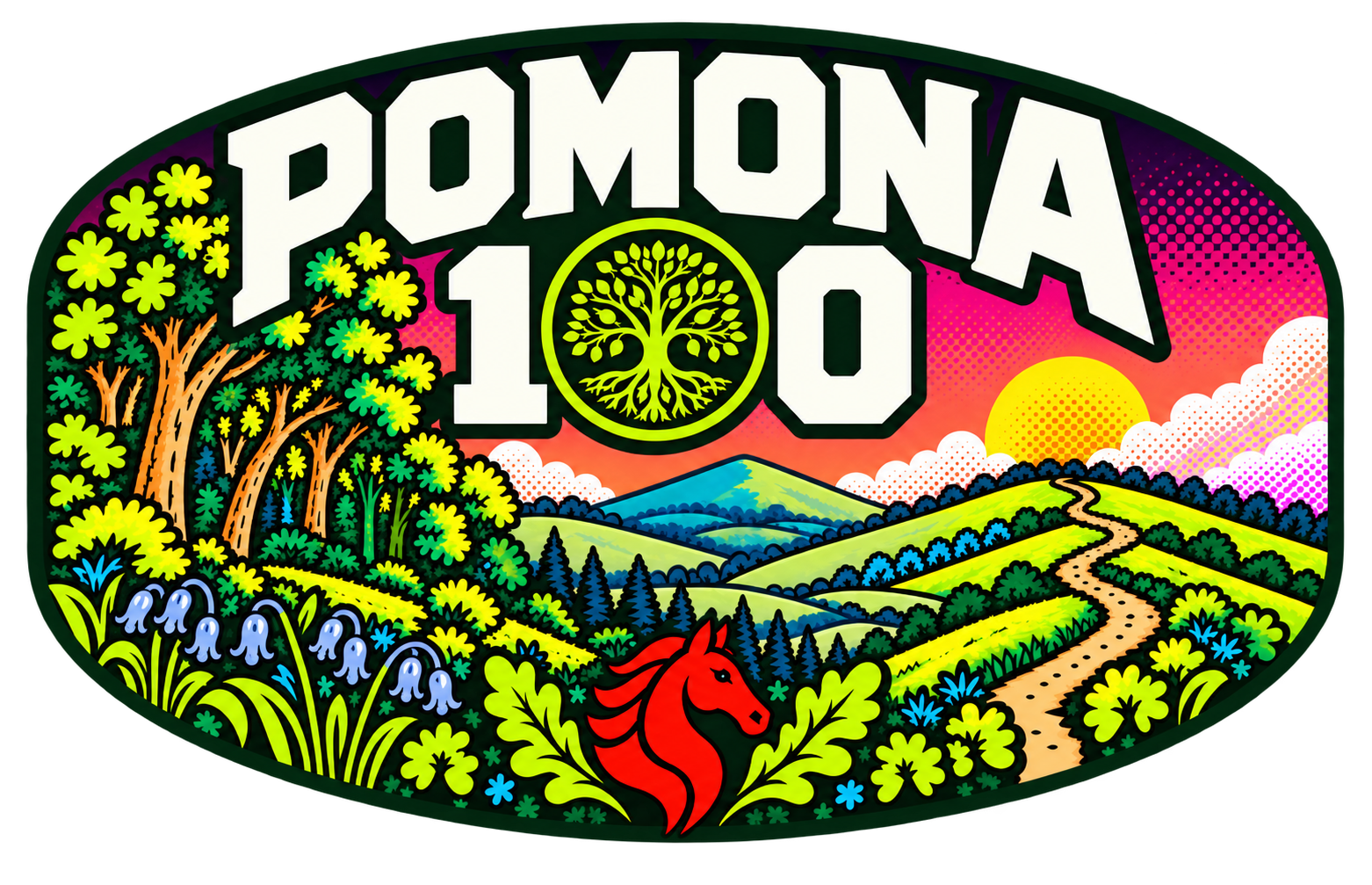 Pomona 100 sunset badge featuring woodland, rolling hills, a winding trail, the Tree of Life and a red horse head